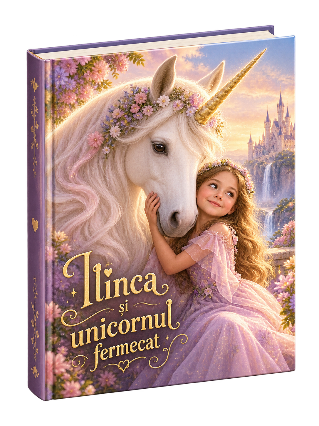 Copertă fictivă cu o fetiță și un unicorn într-o grădină de poveste.