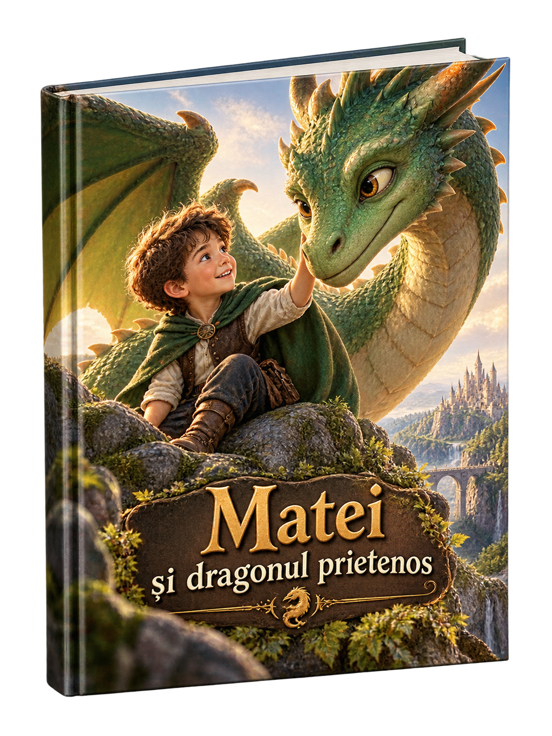 Copertă fictivă cu un copil și un dragon prietenos, într-un peisaj de munte.