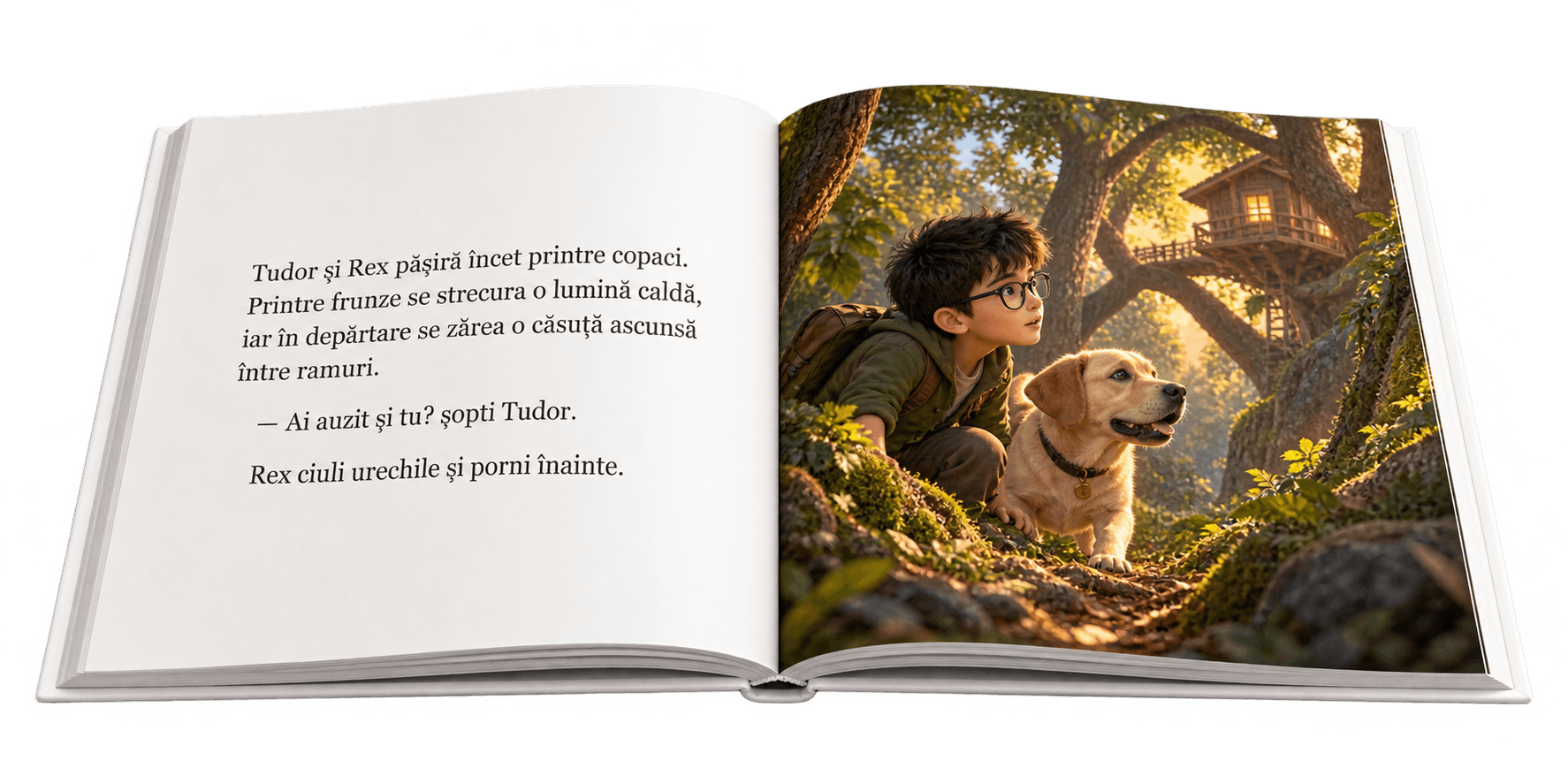 Machetă fictivă a unei cărți hardcover deschise, cu o ilustrație pe două pagini.